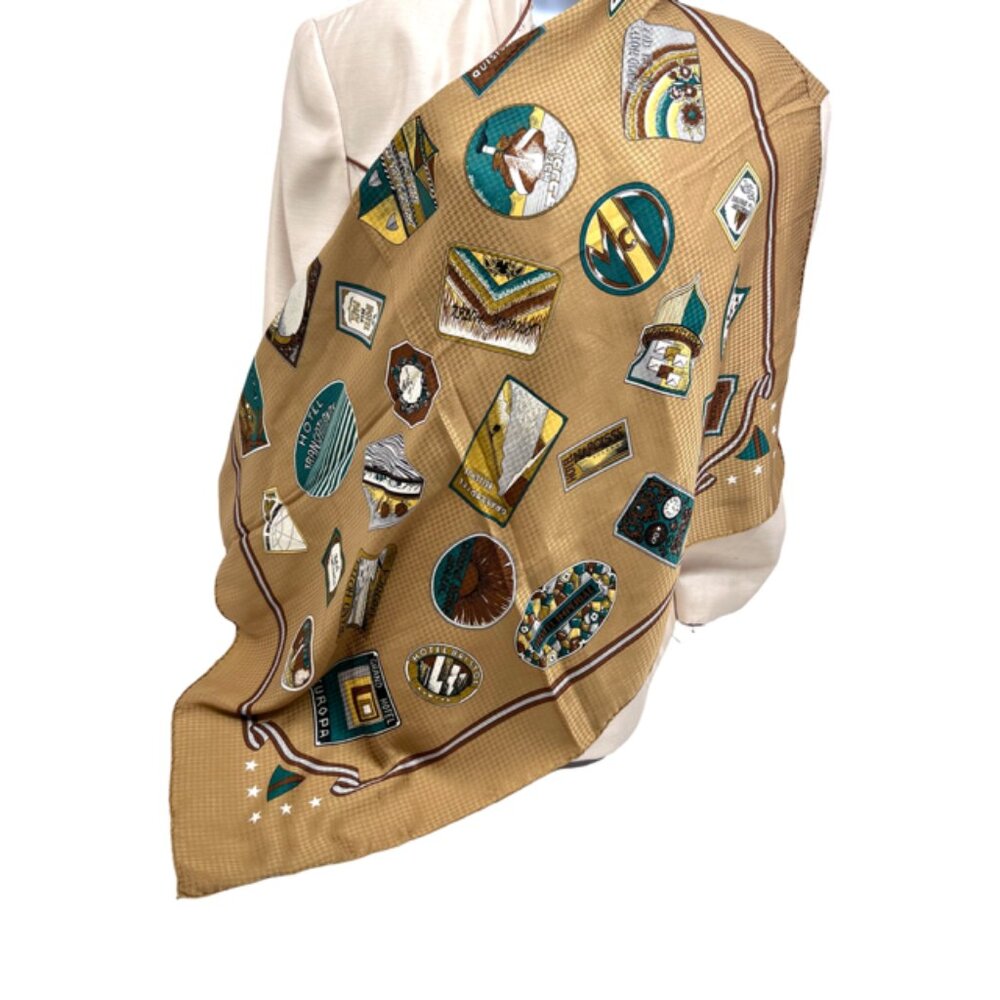 Europe Tours  McDavid 100% Silk Scarf Satin 34" Oilve Gold Burgendy Silver  (23